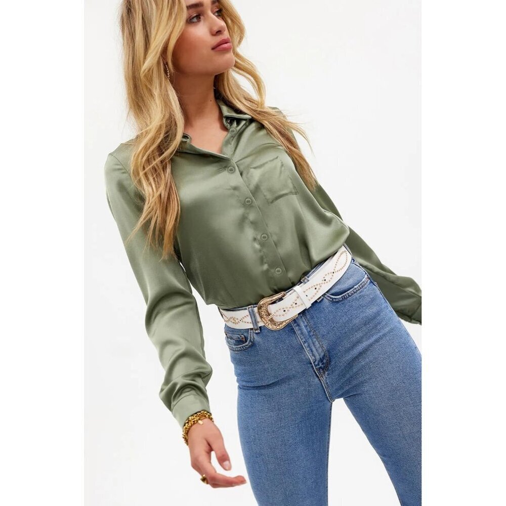 Women Satin Button Down Shirt Silk Long Sleeve Business Office Blouse - Picture 2 of 5